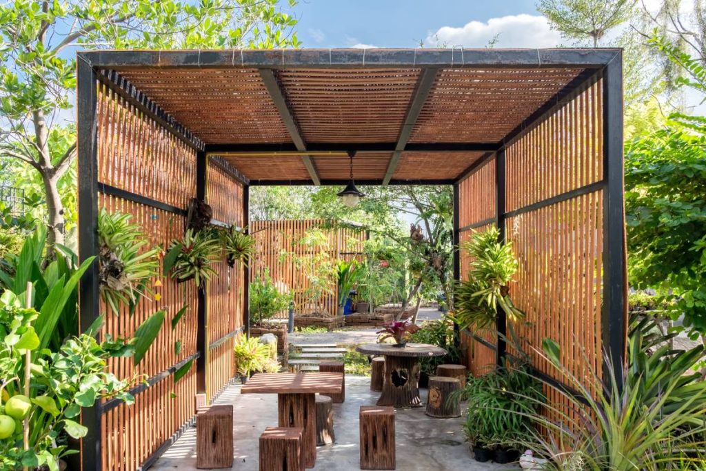 Architecture building wooden exterior in shady garden