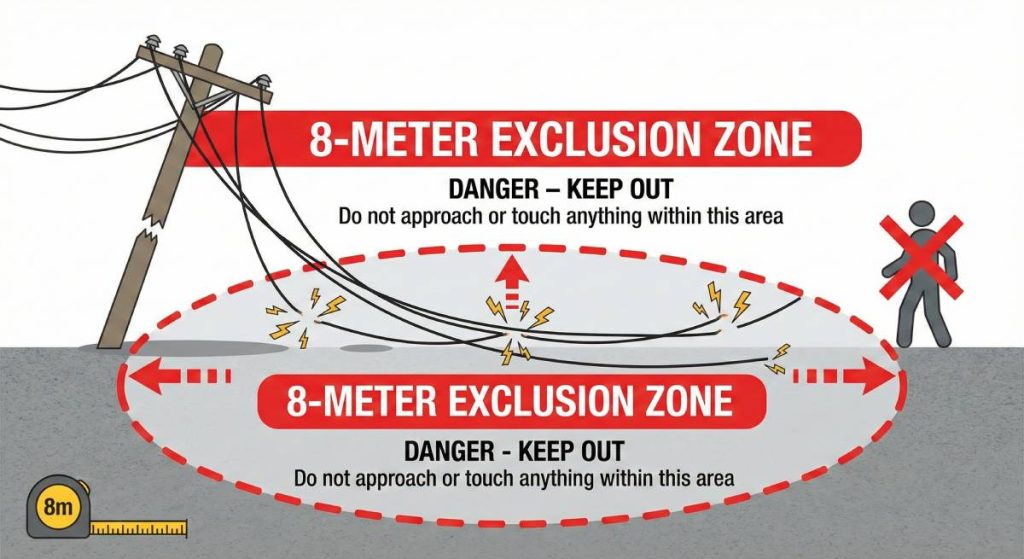 Safety diagram showing exclusion zone for fallen power lines Central Coast