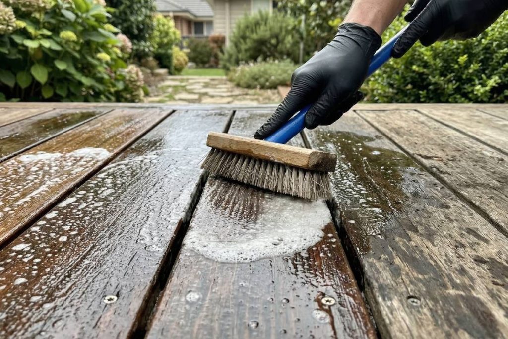 Scrubbing oxalic acid deck brightener into wet timber boards